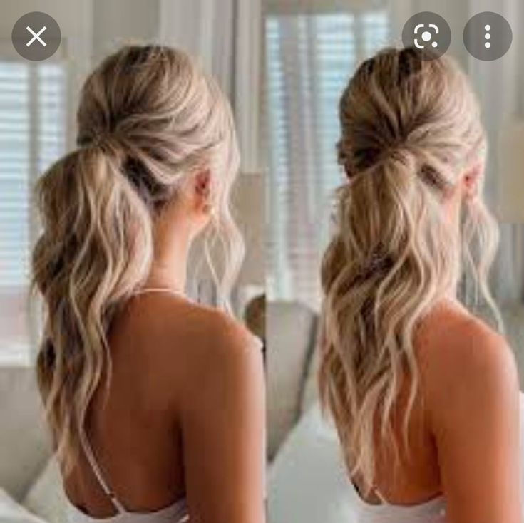 Wavy Ponytail Wedding, Simple Hairstyles For Curled Hair, Pony Tail Hoco Hair Styles, Bride Messy Ponytail, Low Pony For Prom, Low Curled Ponytail Wedding, Low Bridesmaid Ponytail, Graduation Hairstyles Updos, Messy Ponytail Updo Wedding