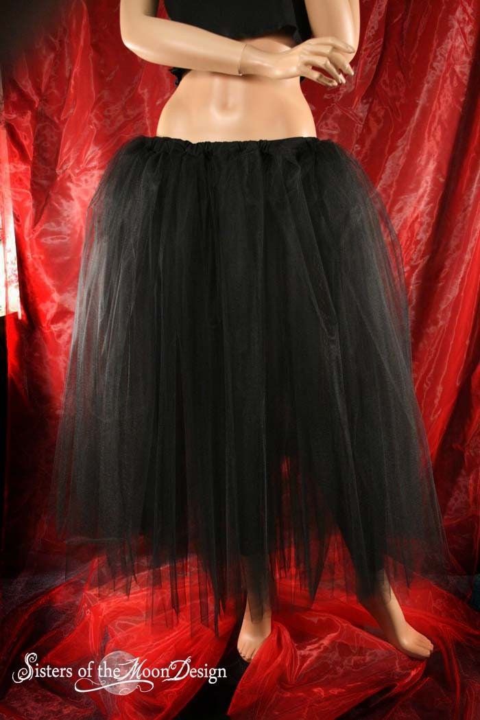 "Handmade from 25yards of soft smooth black Bridal tulle panels, double layers that has been tightly machine gathered and serged to the soft black fabric covered elastic waistband. Also added a long black stretch knit fabric underskirt, this tutu is not see through!! TThis skirt is not made yet, It is made when ordered! Measurement: Sizes go by smallest waist size tutu will fit to largest Hips tutu fits over These are our measurements, not \"standard sizing\". Please Measure before buying. XSmal Sisters Of The Moon, Halloween Steampunk, Black Tulle Skirt, Goth Skirt, Tulle Skirt Black, Full Tulle Skirt, Goth Wedding, Tulle Tutu Skirt, Black Bridal