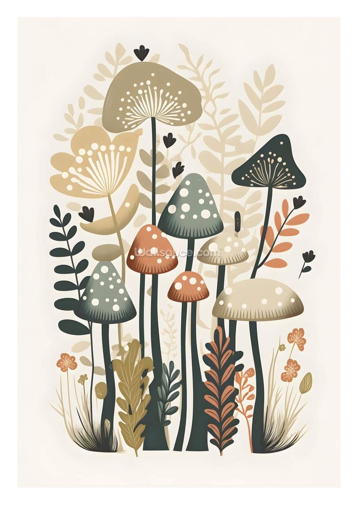 an illustration of mushrooms and plants with leaves