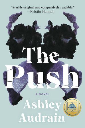 the push by ashley aurdann is shown in black and white, with blue background