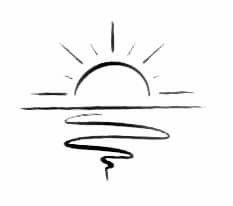 a black and white drawing of the sun over water