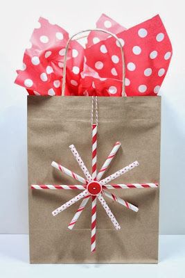 a brown paper bag with red and white polka dots on it