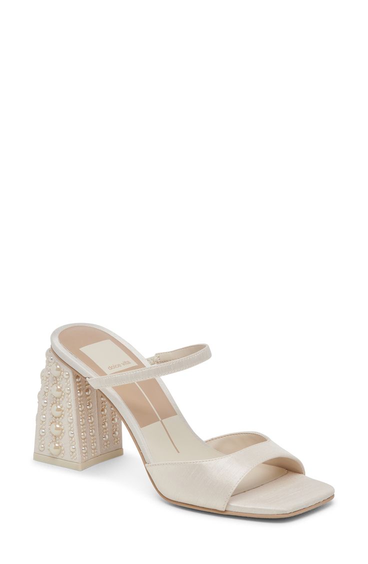 Dolce Vita Jemmy Imitation Pearl Slide Sandal (Women) | Nordstrom Party Square Toe Block Heels With Reinforced Heel, Elegant Square Toe Block Heels For Party, Party Block Heels With Reinforced Heel And Square Toe, Evening Block Heels With Stacked Heel And Square Toe, Spring Evening Block Heels With Stacked Heel, Spring Evening Block Heels With Square Toe, Event Sandals With Padded Block Heel, Chic Block Heel Sandals For Events, Summer Event Heels With Sculpted Heel