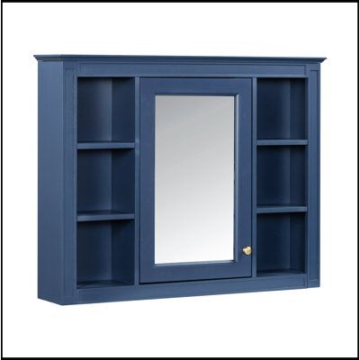 an empty blue shelf with a mirror on it