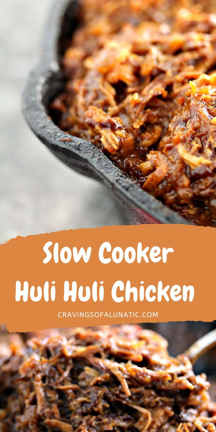 Collage image featuring two photos of slow cooker huli huli chicken. Top image is the chicken in a dish. Bottom image is a close up of the shredded chicken. Kalua Chicken Slow Cooker, Hulu Huli Chicken Crockpot, Crockpot Huli Huli Chicken, Huli Huli Chicken Crockpot, Hawaiian Bbq Chicken Crockpot, Hawaiian Shredded Chicken, Slow Cooker Hawaiian Chicken, Crockpot Pulled Chicken, Hawaiian Chicken Crockpot