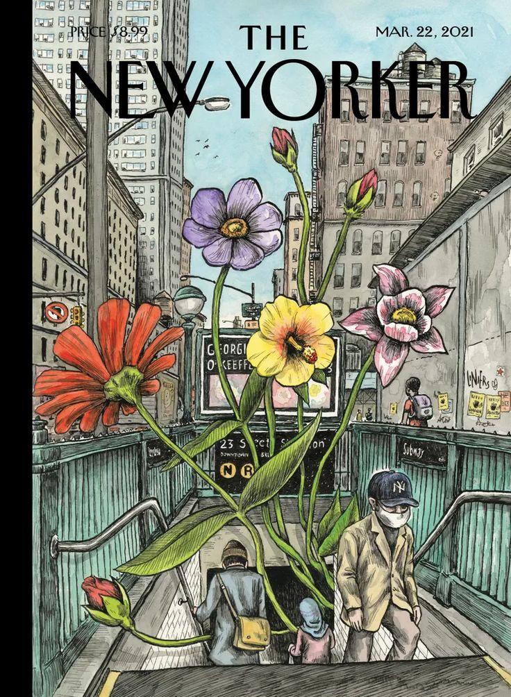 the new yorker magazine cover with flowers and people sitting on a bench in front of buildings