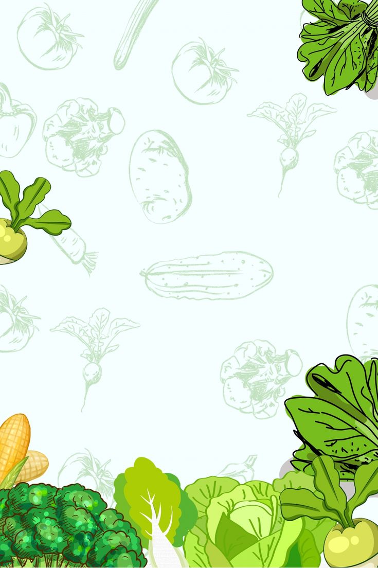 a bunch of vegetables that are on a white background with green and yellow designs around them