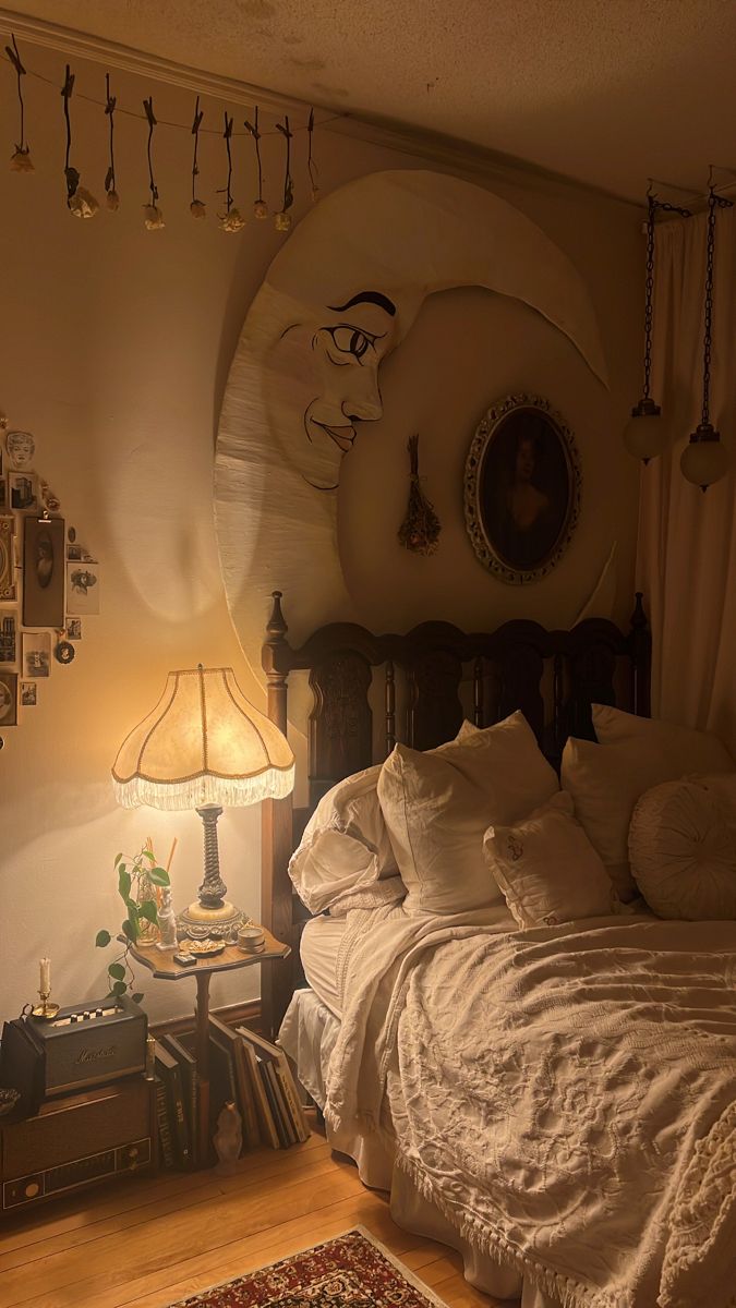 A cozy bedroom with an antique wooden bedframe topped with a vintage cream blanket and a cozy mix of pillows. Above the bed hangs a paper moon and dried flowers as well as old swag lights. To the left of the bed is a pretty vintage lamp on a small table filled with knickknacks and candles. Below, lent against the side are books and an old radio. Dreamy Room, Dream Room Inspiration, Cozy Room, Room Inspiration Bedroom, Room Ideas Bedroom, Aesthetic Bedroom, Dream Rooms, Dream House Decor, Cool Rooms