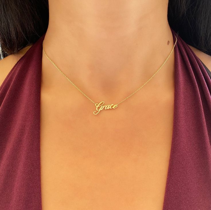 "14k Gold Name Necklace * Custom Name Necklace * Material : 14k Solid Gold - 8k Solid Gold * Finish : White Gold - Yellow Gold - Rose Gold * Production Method : Laser and handmade processes * Lenght: Adjustable Between 14 inch - 22 inch *Lowercase Height : 5 mm A Necklace that your neck will seriously loveee. This name necklace is perfect for everyday. * 100% Handmade for your size * All jewelry comes in beautiful packaging, gift ready. * All items are made to order in Turkey. * Our current proc Custom Name 14k Gold Jewelry, 14k Gold Charm Necklaces For Wedding, 14k Gold Wedding Charm Necklaces, Wedding 14k Gold Charm Necklaces Fine Jewelry, Gold Nameplate Necklace Stamped 14k, Classic 14k Gold Nameplate Necklace, Personalized Gold Jewelry For Special Day, Formal 14k Gold Name Jewelry, Elegant Gold Necklaces For Special Day