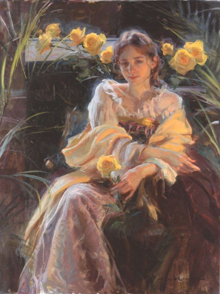 a painting of a woman sitting next to flowers