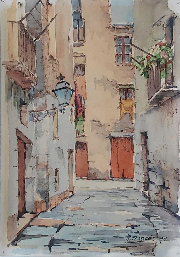 watercolor painting of an alleyway with doors and windows