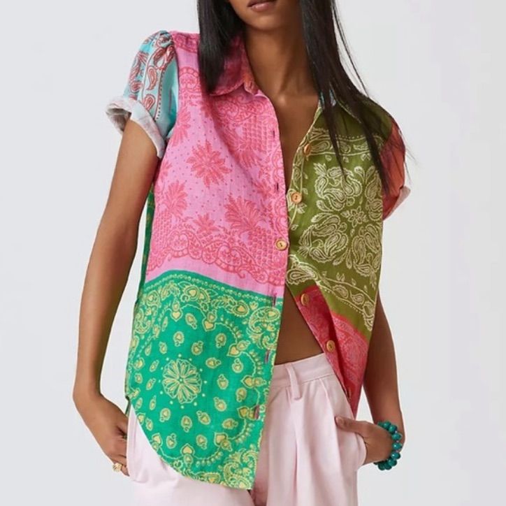 Farm Rio’s Vibrant Colors And Bold Silhouettes In Every Design. Made Of 55% Linen And 45% Viscose. Imported. Size X-Small. - Pit To Pit Measures Approx 20” - Length Measures Approx 28” Pink Patchwork Blouse For Spring, Bohemian Pink Shirt For Spring, Green Patchwork Shirt For Summer, Spring Pink Shirt With Patchwork, Casual Sleeveless Patchwork Blouse, Spring Bohemian Pink Shirt, Spring Pink Patchwork Blouse, Tropical Multicolor Cotton Shirt, Pink Cotton Patchwork Blouse