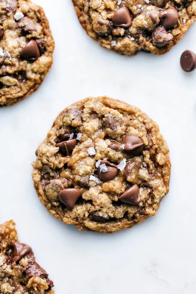 chocolate chip cookies on a white surface