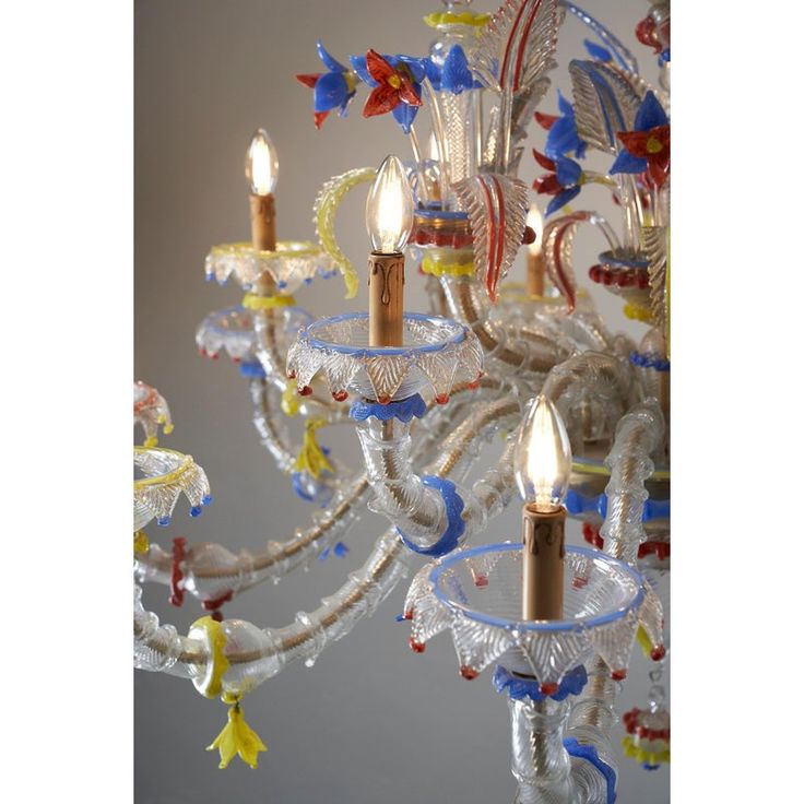 a chandelier made out of glass with colorful flowers and birds hanging from it