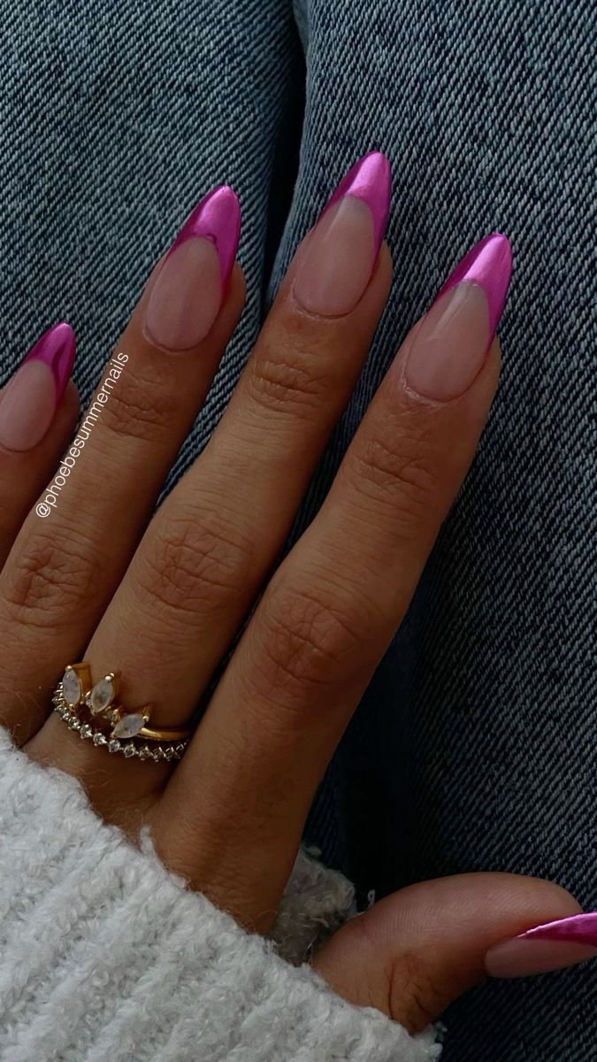 Pink Chrome Nail, Chrome Nail Ideas, Almond Nail Ideas, French Almond, Pink Tip Nails, Pink French Nails, Chic Manicure, Pink Chrome Nails, Universe Movie