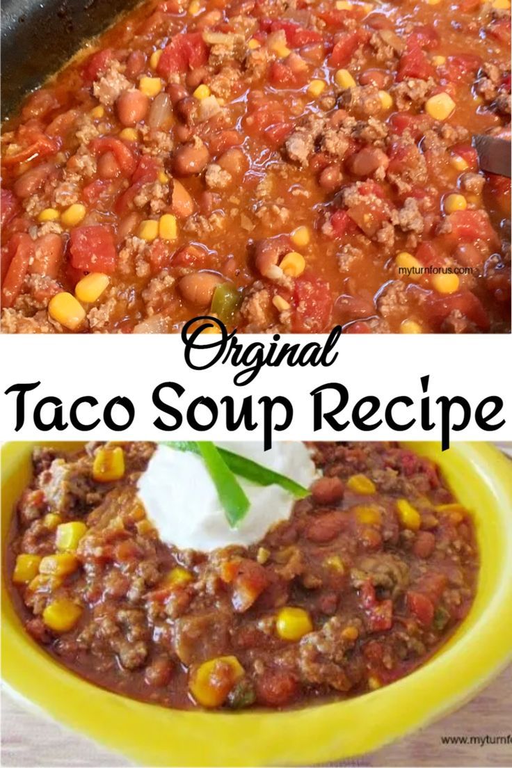 the recipe for taco soup is shown in two pictures