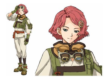 an anime character with pink hair and goggles, wearing green uniform clothing while standing next to another character