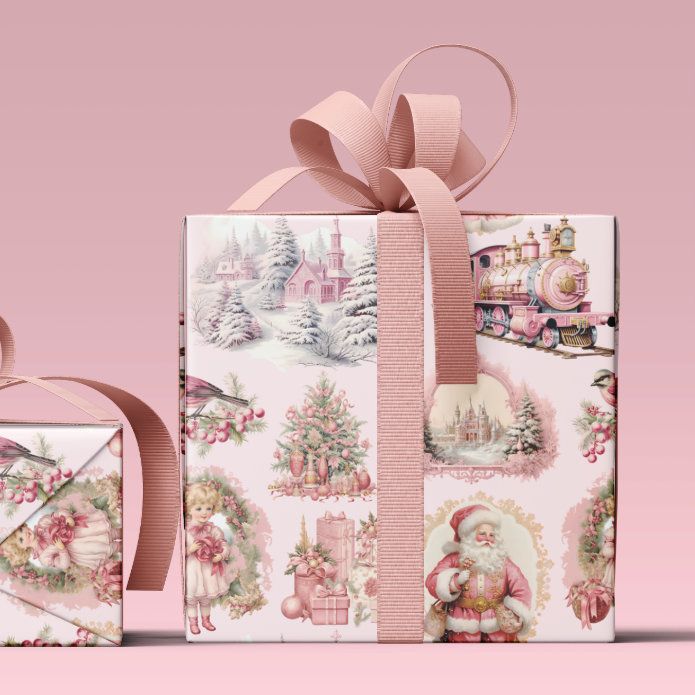 a gift box with a pink ribbon tied around it and an ornament on the side