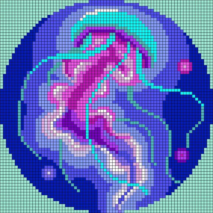 an image of the brain in blue and purple pixellated pixels, with some pink dots on