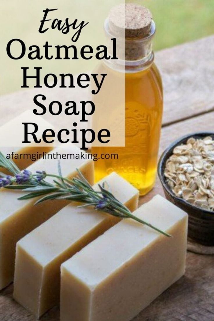 homemade soap recipe with oatmeal and honey on the table next to it