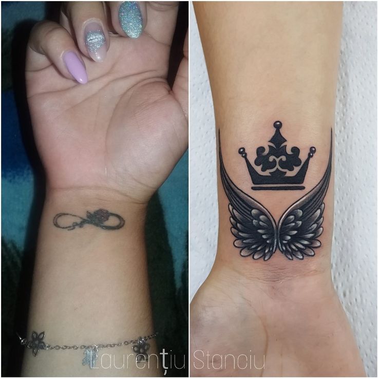 two different tattoos on the wrist, one with a crown and another with angel wings