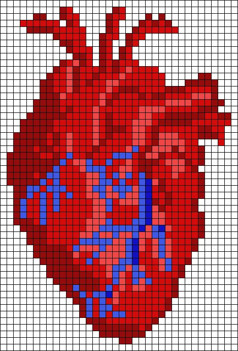 a cross - stitch heart is shown in red and blue