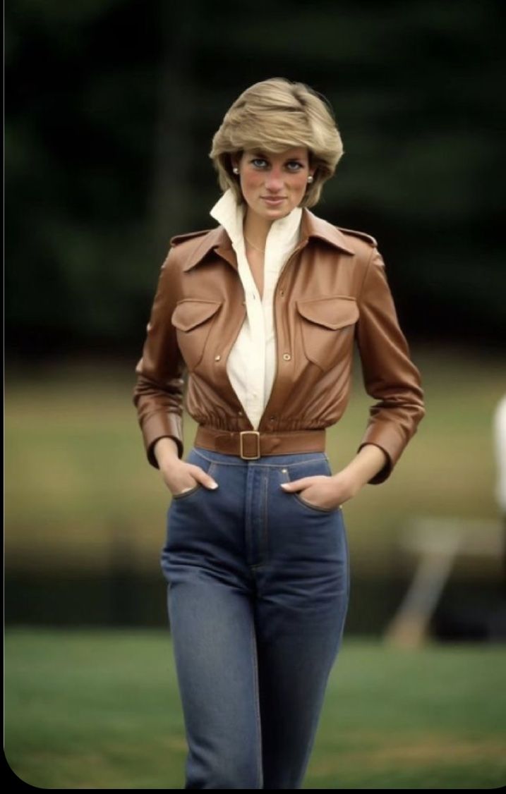 a woman in brown leather jacket and jeans