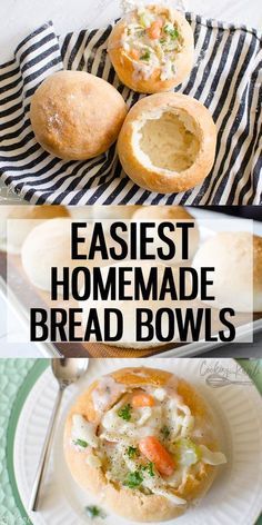 easy homemade bread bowls with chicken and vegetables in them