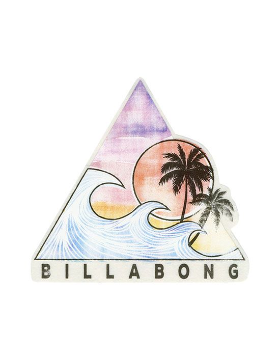 a sticker with the words billabong and palm trees in front of a sunset