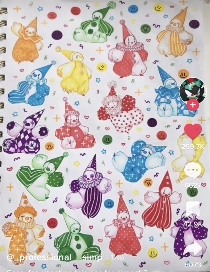 an open notebook with many different colored bears on the cover and buttons in the background