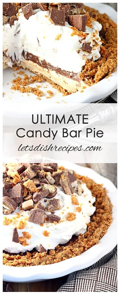 the ultimate chocolate candy bar pie is ready to be eaten