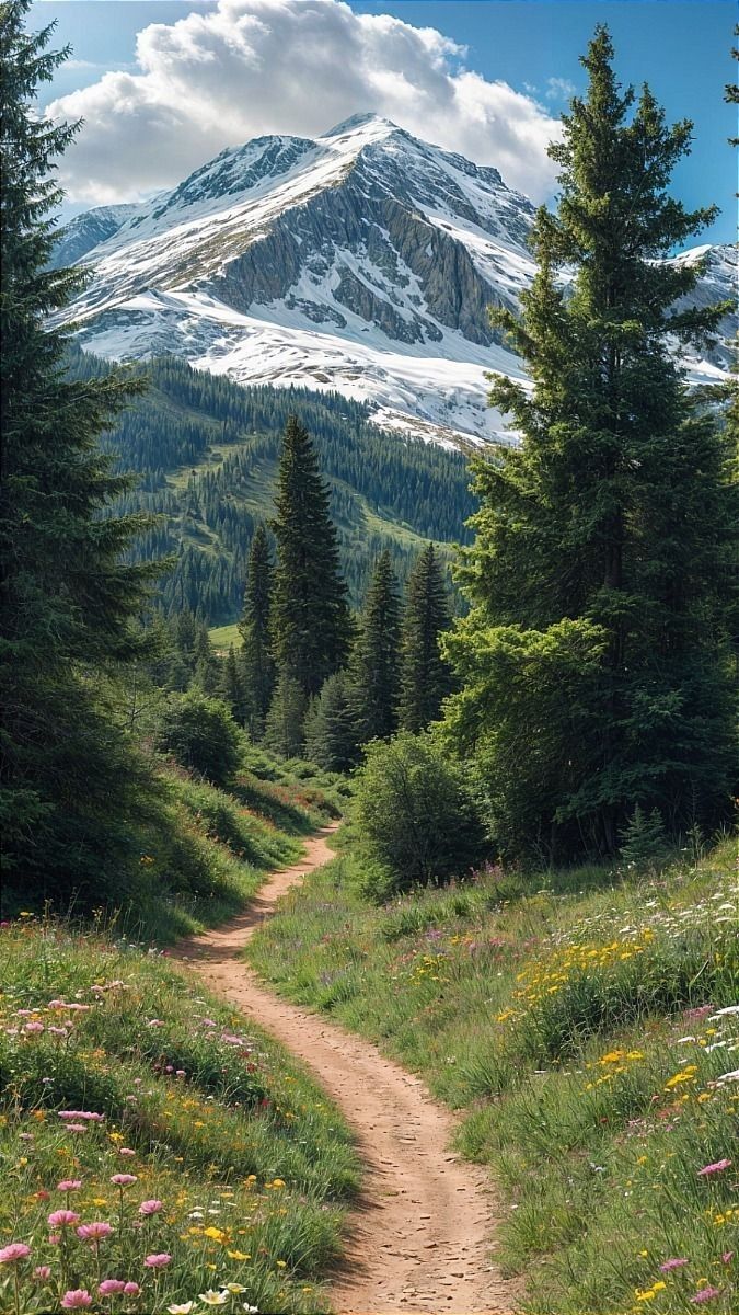 a dirt road in the middle of a forest with snow capped mountain behind it and flowers on both sides