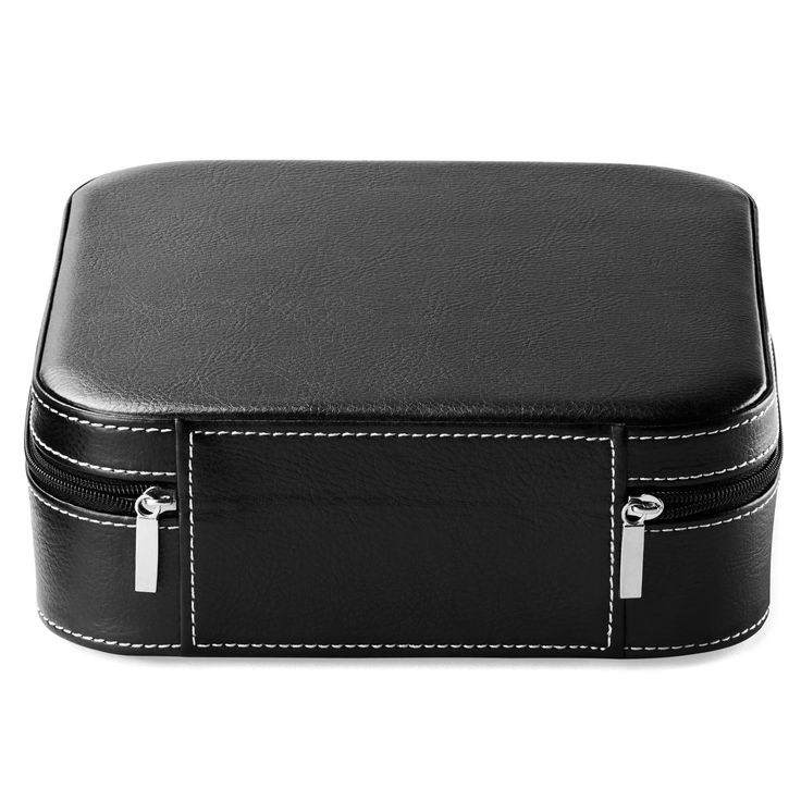 a black leather box with white stitching on the sides and two zippers at the top