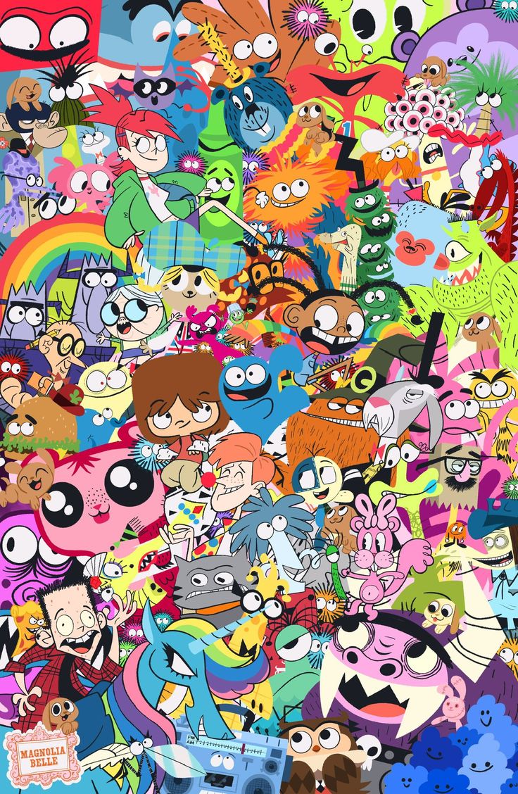 a large group of cartoon characters all grouped together in the same pattern, with different colors and sizes