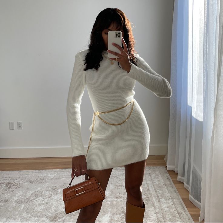 White Cozy Sweater Dress. Perfect In Fall/Winter With A Pair Of Over The Knee Boots And Long Coat. Wear With Sneakers On Warmer Days Where You Don’t Need High Boots Or Coat. New With Tag Attached. Chic Fall Dress, Sweater Dress And Heels, White Sweater Dress With Boots, Sweater Dress And Boots Outfit, Short Sweater Dress Outfit, White Dress Fall Outfit, Dress With Boots Winter, Turtleneck Sweater Dress Outfit, Off White Sweater Dress