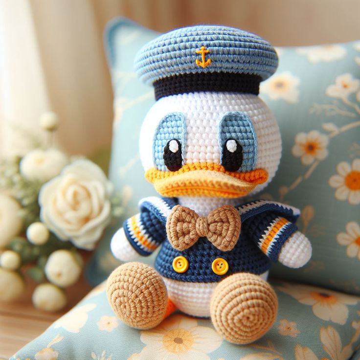 a crocheted stuffed duck wearing a sailor's hat and bow tie sitting on a couch