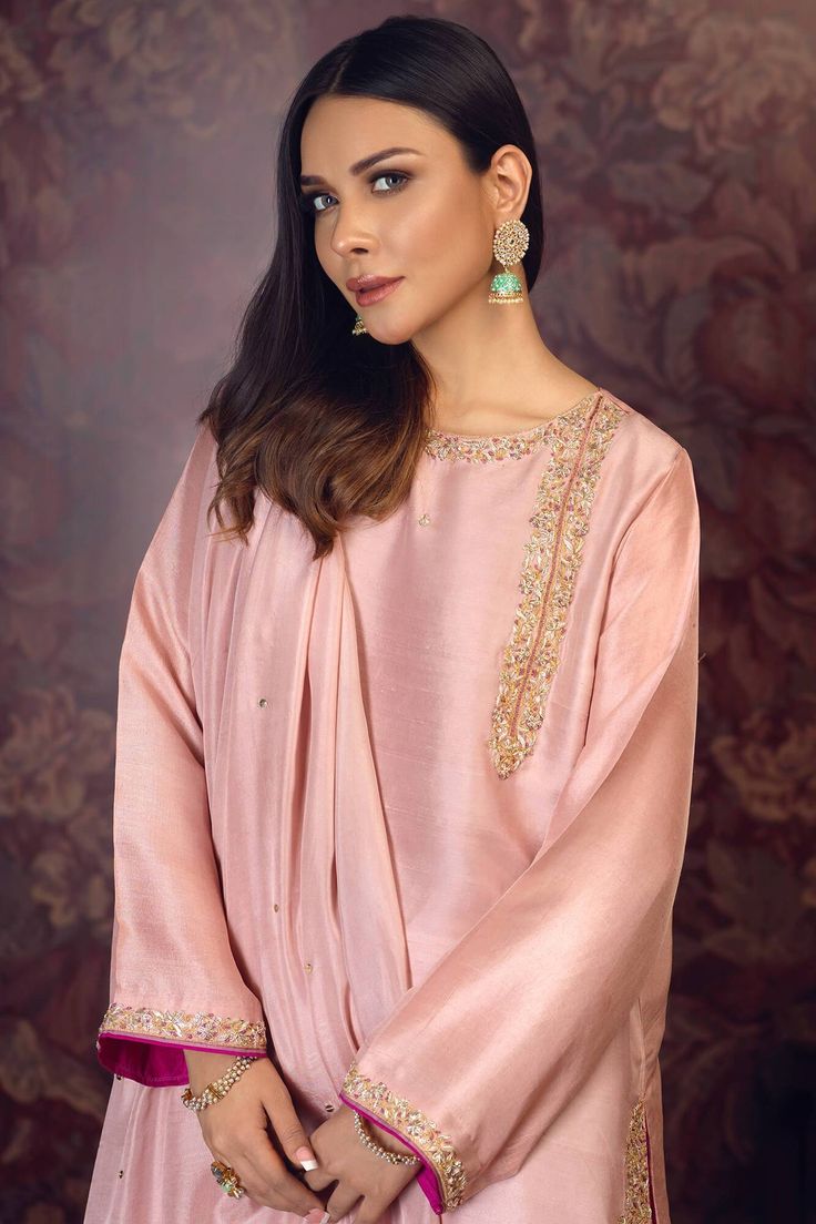 Nazm (Three Piece)-Restocked – Zaaviay Global Slub Silk Churidar With Intricate Embroidery, Straight Kurta Churidar With Intricate Embroidery In Slub Silk, Dola Silk Churidar With Dabka Work, Wedding Palazzo Set With Intricate Embroidery In Slub Silk, Elegant Slub Silk Churidar With Intricate Embroidery, Dola Silk Palazzo Set For Reception, Intricate Embroidery Palazzo Set In Raw Silk, Elegant Pink Churidar For Reception, Eid Slub Silk Dress With Intricate Embroidery