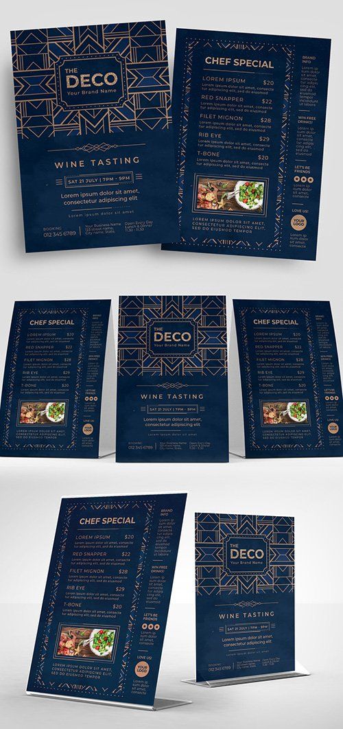 three different menus are shown with blue and gold designs on the front, back and sides