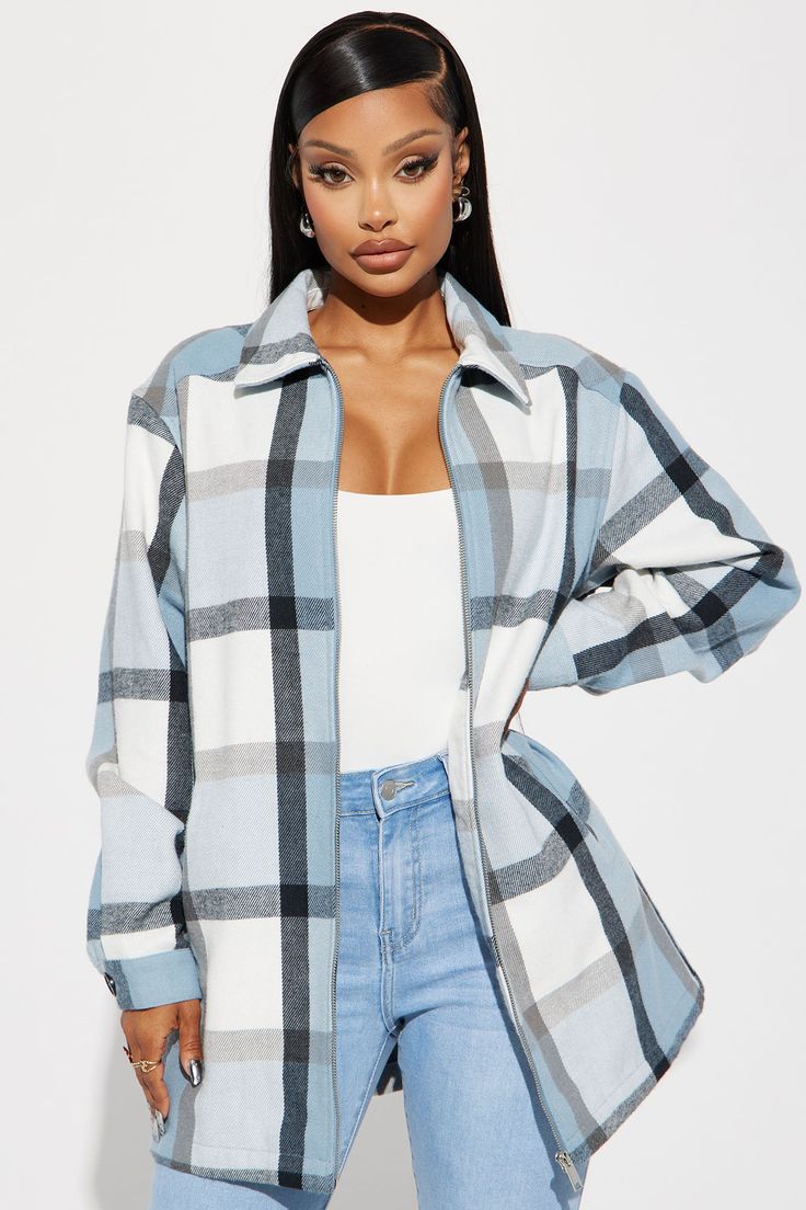 Available In Blue/combo And Brown Combo. Shacket Collar Pockets Snap Button Sleeves Zipper Closure Disclaimer: Plaid Placement Will Vary 100% Polyester Imported | Check Mate Plaid Shacket in Blue size Small by Fashion Nova Check Mate, Plaid Shacket, Casual Jacket, Coats Jackets Women, Snap Button, Women's Jacket, Fashion Nova, Coats For Women, Zip Ups