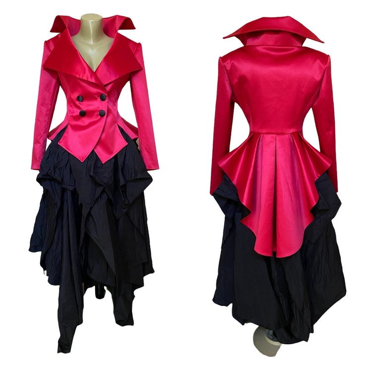 "Fantastic hand tailored formal tuxedo coat with tails. Wide padded shoulders and decorative black buttons at front The skirt is also available in my shop https://www.etsy.com/listing/1053036939/steampunk-black-taffeta-long-skirtmaxi?click_key=f5f753035cc9aa93deeb88a423318aadb4fe3420%3A1053036939&click_sum=6e73f7ec&ref=shop_home_active_3 SIZE CHART SIZE S - US 6, UK 8, EU 36 bust: bust around 34.5\"/90cm Waist: waist around 27.5\"/70cm Hips: hips around 34.5\"/90cm SIZE M - US 8, UK 10, EU 38 bu Avant-garde Fitted Party Blazer, Pink Long Sleeve Outerwear For Costume Party, Fitted Long Sleeve Blazer For Cosplay, Fitted Pink Party Blazer, Pink Fitted Outerwear For Evening, Fitted Pink Outerwear For Wedding, Pink Fitted Outerwear For Wedding, Pink Fitted Outerwear For Party, Pink Fitted Party Outerwear