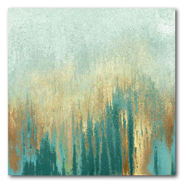 an abstract painting with gold and blue colors on the outside, as well as trees in the background