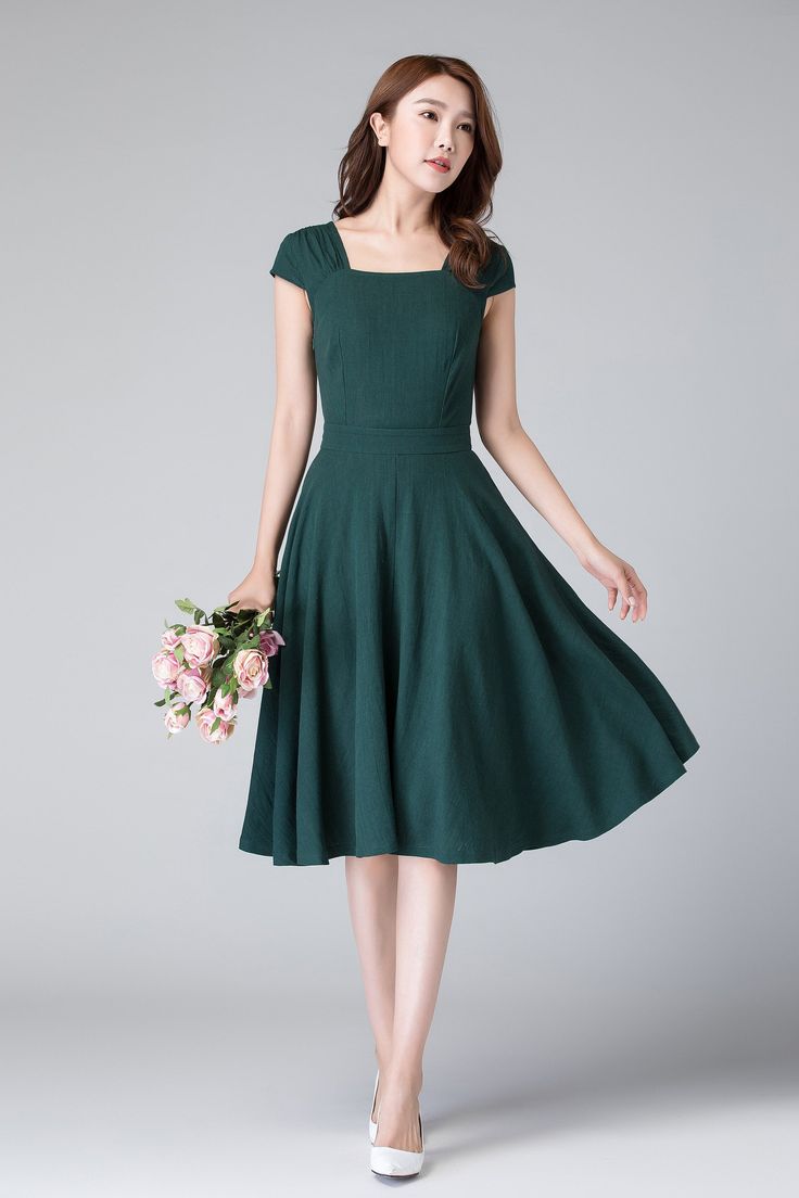 "This summer green dress is a midi A line dress, It make your chest Plump, your waist slender and your hips rounded. We connect the A line dress style with the linen fabric, it make you more shine on the coming summer. DETAILS * Linen blend * 50% linen , 50% cotton blend * Classic and beautiful color * Fitted waist to show off your curves * Cap sleeves * Right side zipper * No pockets * Knee length * Wash by hand or machine with cold water FABRIC SWATCH linen cotton blend 42# https://www.etsy.co A Line Midi Dress Classy, Linen Dress Wedding Guest, Vintage Dress Wedding, 2000s Dresses, Fashion Types, Green Linen Dress, Robes Vintage, Summer Green, Fitted Midi Dress