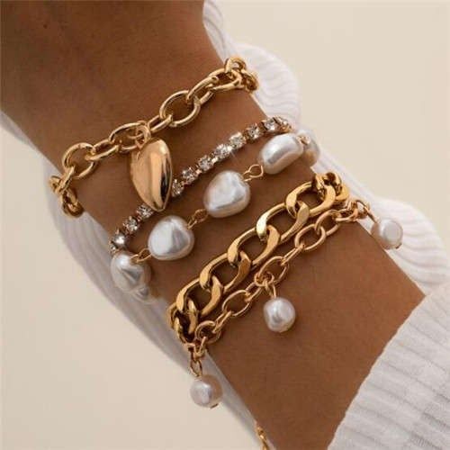 Golden Elegance: Baroque Pearl & Heart Bracelet Set-Fashion Bracelets & Bangles-StylinArts Bracelet Couple, Couple Jewelry, Layered Bracelets, Hand Jewelry, Rhinestone Bracelet, Heart Bracelet, Baroque Pearls, Chain Link Bracelet, Crystal Bracelets