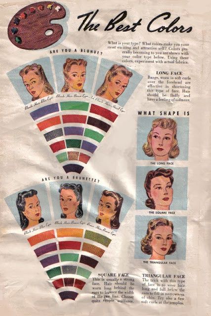 A makeup colour chart from the 1940s 1940s Makeup, Retro Hairstyles Tutorial, Winter Beauty Tips, Retro Lifestyle, Glass Menagerie, Color Me Beautiful, Vintage Makeup, Retro Hairstyles, Vintage Stuff