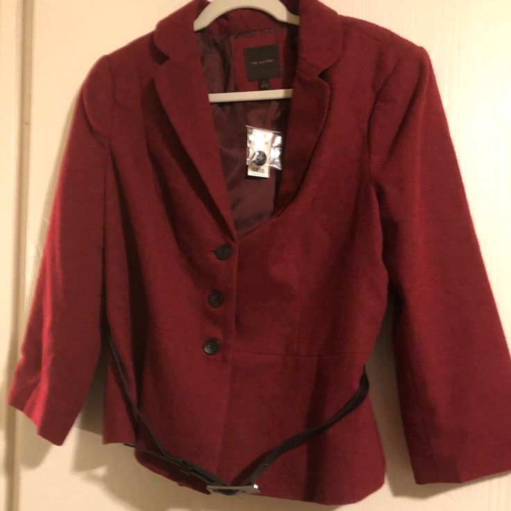 This Pretty Brick Red The Limited Blazer. It Comes With A Black Belt And Has Three Buttons. Red Fall Office Wear Blazer, Red Blazer For Office Wear In Fall, Red Long Sleeve Outerwear For Office, Fall Burgundy Office Blazer, Burgundy Fall Office Blazer, Fall Office Burgundy Blazer, Turquoise Blazer, Light Grey Blazer, Maroon Blazer