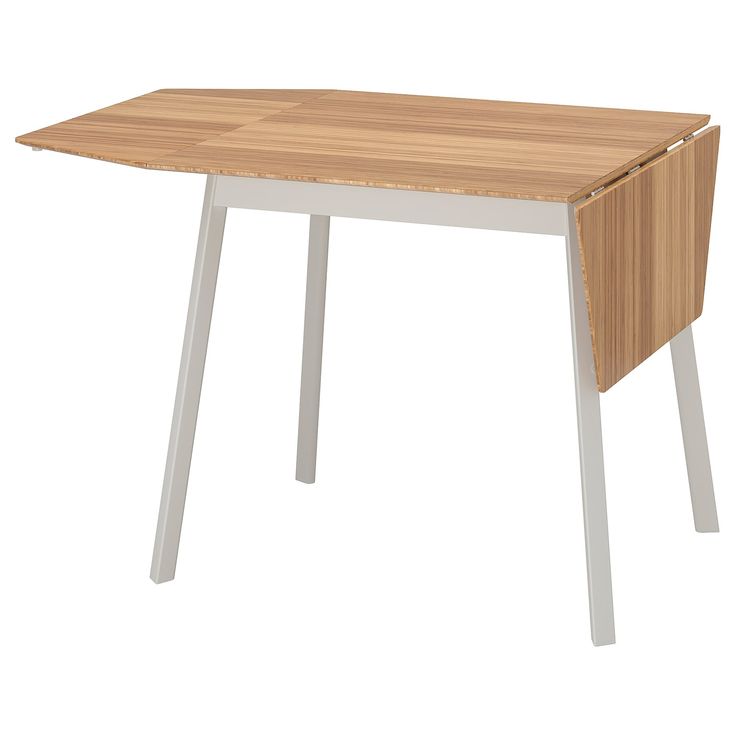 a wooden table with two white legs and a wood top on an isolated white background