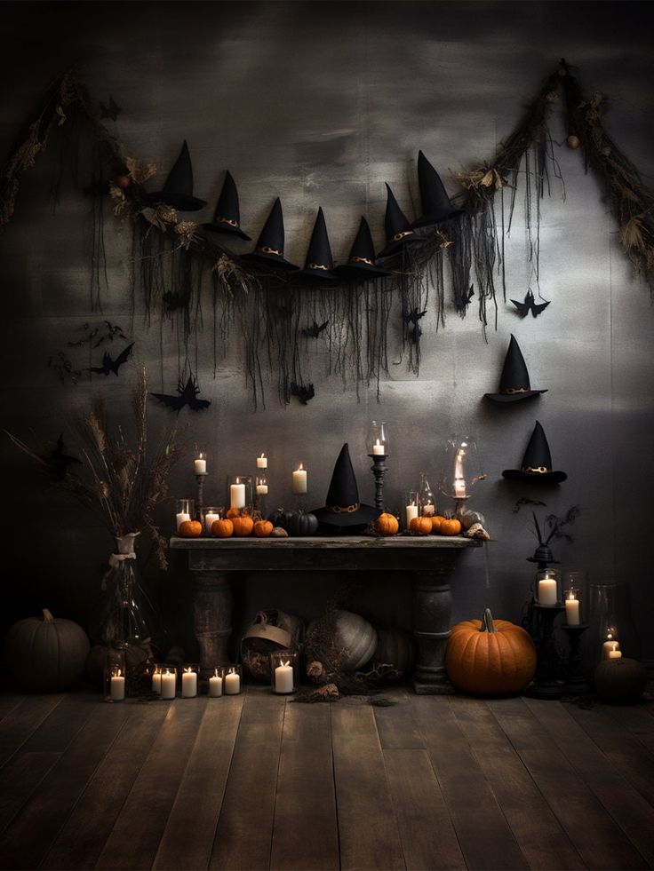 a halloween scene with candles and pumpkins on the table in front of a black wall