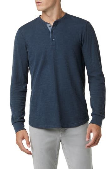 Stay cozy in style when you wear this contemporary long-sleeve henley shirt crafted from double-faced fabric. 26" length (size Small) Button half-placket Crewneck Long sleeves Curved hem 81% cotton, 19% polyester Dry clean or machine wash, tumble dry Imported Casual Long Sleeve Henley With Button Closure, Relaxed Fit Henley For Layering, Long Sleeve Henley For Fall, Fall Long Sleeve Henley, Long Sleeve Henley With Buttons For Fall, Navy Long Sleeve Tops With Button Cuffs, Casual Long Sleeve Henley For Fall, Fall Long Sleeve Henley With Buttons, Cotton Long Sleeve Henley With Buttons