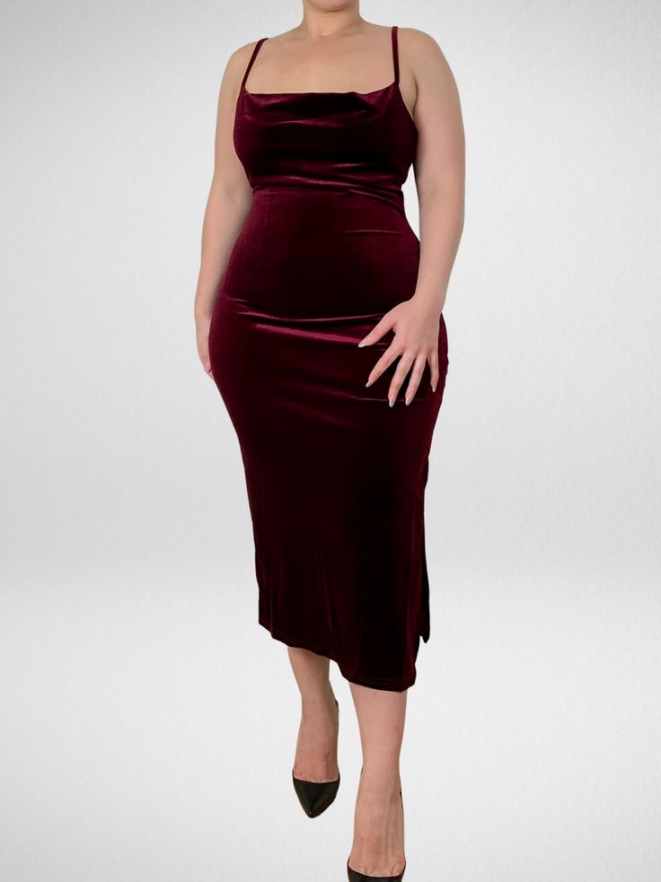 Keep it classy this holiday season with our Classy Lady velvet dress. Back zipper cami cowl neck velvet midi dress with side slit. Fabric: Self: 95% Polyester, 5% Spandex / Lining: 100% Polyester Model is wearing a size Small. Model measurements are 5’3” (height), 35" (bust), 27" (waist), 44" (hips). Burgendy Velvet Dress, Velvet Dress Outfit Casual, Guest Closet, Velvet Dresses Outfit, Black Velvet Midi Dress, Thrift Wishlist, Mitzvah Dresses, Wine Outfit, Velvet Dress Short