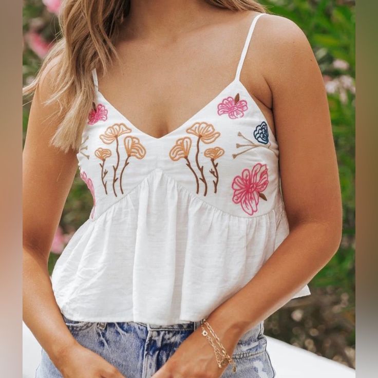 Size Small Prettiest Outfits, Embroidered Cami Top, Mid Afternoon, Lace Up Sandals, Embroidery Details, Cami Top, Low Back, Cami Tops, White Tops